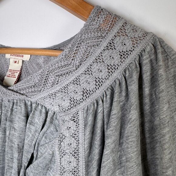 Sundance Crinkle Poncho Top Women Medium Gray Crochet Trim Oversized Boho Blouse - Picture 3 of 12